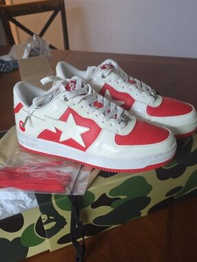 BAPE Red & White Leather Star Sneakers